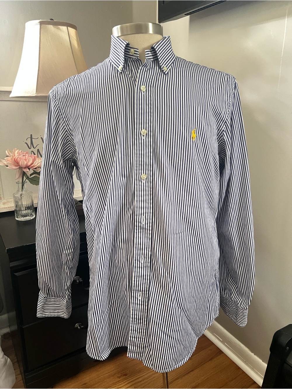 Ralph Lauren Blue and White Pinstripe Button-Down Shirt with Yellow Logo
